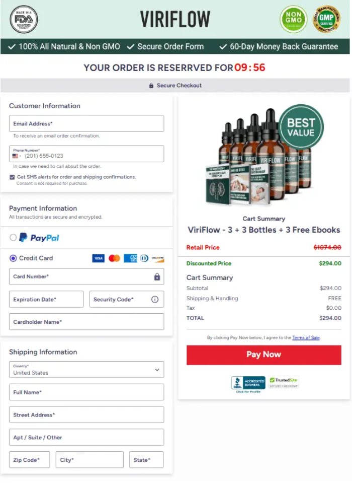Secure checkout for ViriFlow order with protected payment